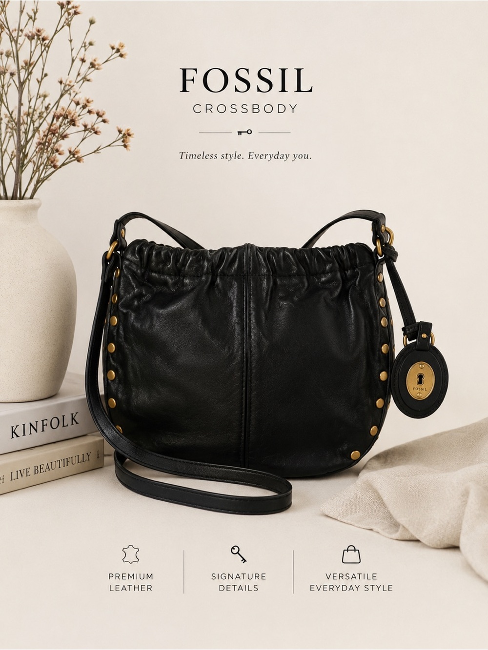 Fossil Black Leather Crossbody with Gold Studs